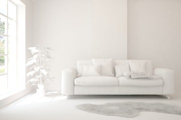 White minimalist living room with sofa. Scandinavian interior design. 3D illustration