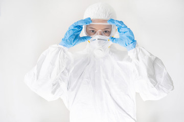 female virologist, she wears PPE.