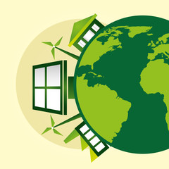 Sticker - eco friendly poster with earth planet and panel solar