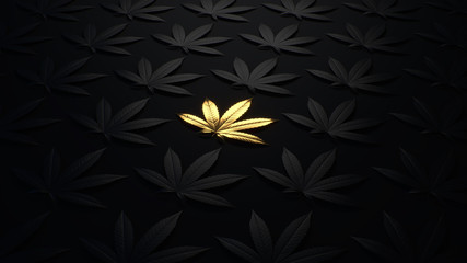 Luxury golden background with cannabis leaves. Minimal trendy design wallpaper marijuana. Black and gold leaves cannabis.3d render. 3d illustration.