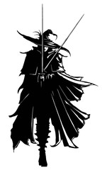 An elegant male duelist with two swords walks gracefully forward, he is dressed in a cloak, he has a pointed hat on his head. His clothes flutter in the wind. 2D illustration