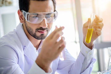 Wall Mural - attractive happiness scientist man lab technician assistant analyzing sample in test tube at laborat