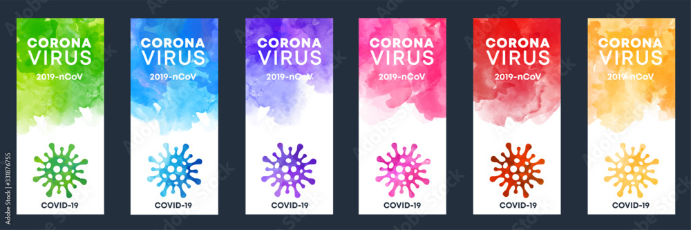 Set of coronavirus shape banner labels with watercolor background - obrazy, fototapety, plakaty 