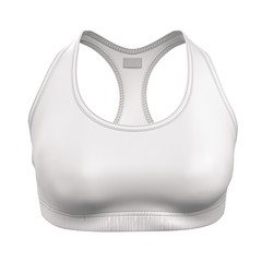 Wall Mural - Sports women's top bra of white color. Front view. Sportswear. Mock up for your design and branding. Blank clean template. 3d realistic detailed illustration isolated on white background.