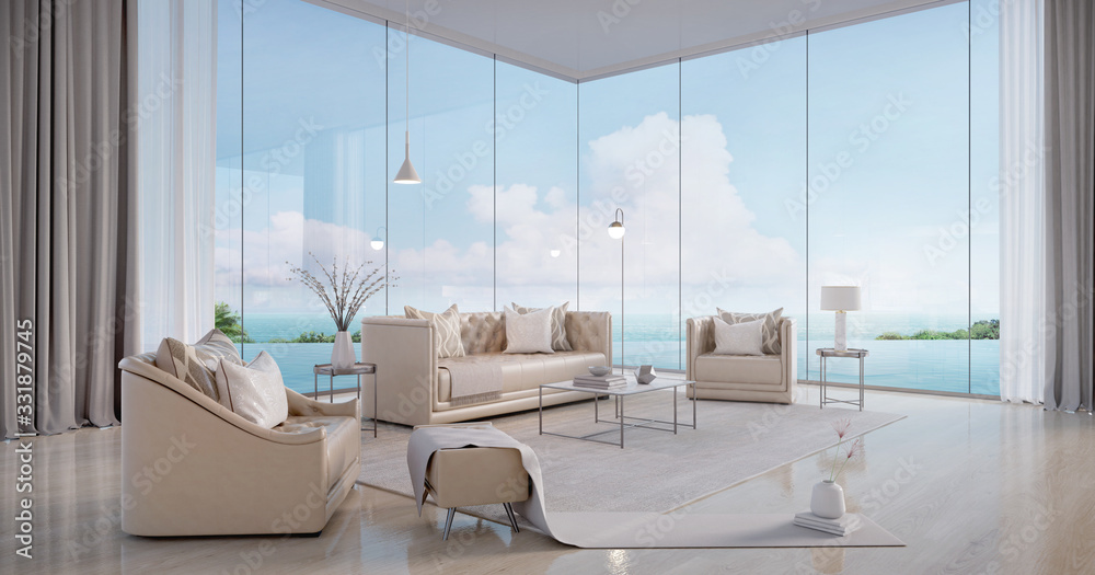 Luxury beach house.Sofa,armchair,stool,side table,lamps,curtains in living room with infinity edge swimming pool and sea view outside.Vacation home or holiday villa.3d rendering - obrazy, fototapety, plakaty 
