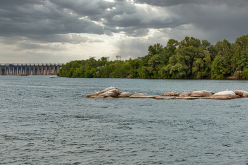 Dnieper River and hydroelectric power plant dam in Zaporizhia, Ukraine.