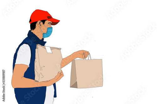Fotomural food delivery man Wearing Medical Mask. Corona Virus Concept