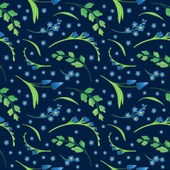 Blue flowers blossoms flat vector retro seamless pattern.  Abstract wildflowers on dark blue  background. Daisy and cornflower decorative background. Blooming meadow wildflowers. 