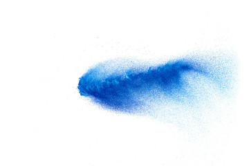 Wall Mural - Blue color dust particles explosion cloud on white background.Color powder splash.