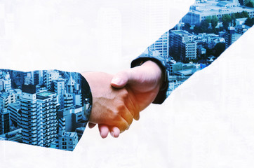 Wall Mural - Partnership. double exposure image of investor business man handshake with partner for successful meeting deal with during sunrise and cityscape background, investment, partnership, teamwork concept