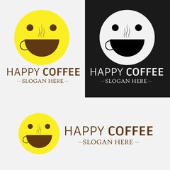 Illustration vector design of coffee logo with emoticon face. Happy coffee