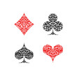 Set of 4 Playing card suits icons decoration pattern diamonds, clovers, hearts, spades template black and red. Playing card suit ornament symbol pictogram for poker casino isolated on white background