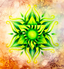 Aufkleber - color ornamental mandala and softly blurred watercolor background.