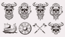 Set Of Isolated Illustrations Of A Viking Skulls, Boat, Shield And Axes