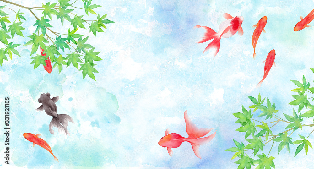 金魚と新緑のモミジで構成した夏のイメージ背景、水彩イラスト の