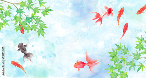 金魚と新緑のモミジで構成した夏のイメージ背景 水彩イラスト Stock イラスト Adobe Stock
