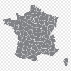 Blank map France. Departments of France map. High detailed gray vector map of France on transparent background for your web site design, logo, app, UI. Stock vector. EPS10. 