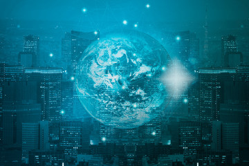 Double exposure technology global network connection and communications concept on city background. Element of this images furnished by NASA.