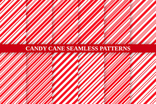 Candy Cane Striped Pattern. Seamless Christmas Red Background. Vector. Peppermint Wrapping Texture. Set Cute Caramel Package Prints. Xmas Holiday Diagonal Lines. Abstract Geometric Illustration.