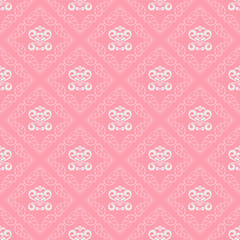 Wall Mural - Damask seamless pattern, pink background, texture wallpaper, vector graphic