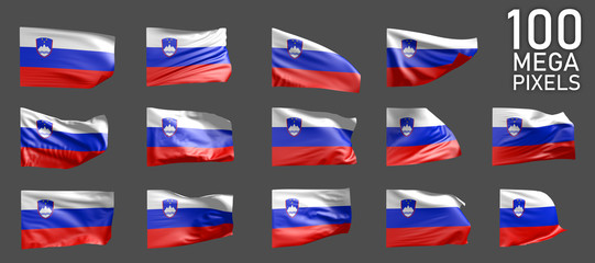 14 various pictures of Slovenia flag isolated on grey background - 3D illustration of object