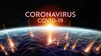 Poster - Coronavirus Covid-19 pandemic spreading in the world between countries and infecting population 3D rendering