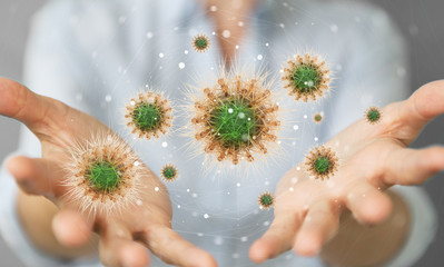 Poster - Woman analyzing coronavirus on microscopic close-up 3D rendering