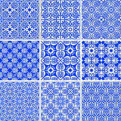 Wall Mural - Vector set of seamless ancient and modern greek blue patterns on a white background. Samples in swatches palette