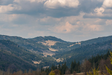  Scenic valley on a cloudy day in Transylvania, Romania, Carpathian mountains.