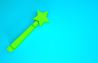 Green Magic wand icon isolated on blue background. Star shape magic accessory. Magical power. Minimalism concept. 3d illustration 3D render