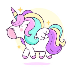 Wall Mural - Cute unicorn .Vector cartoon character illustration.Design for child card,t-shirt.Girls,kid.magic concept.Isolated on white background.Cute unicorn horse with gold horn and beauty rainbow hair