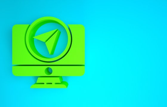 Green Computer monitor and folded map with location marker icon isolated on blue background. Minimalism concept. 3d illustration 3D render
