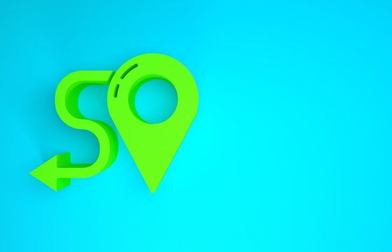 Green Route location icon isolated on blue background. Map pointer sign. Concept of path or road. GPS navigator. Minimalism concept. 3d illustration 3D render