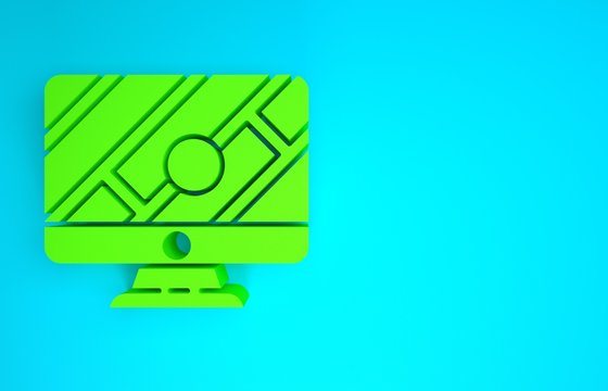 Green Computer monitor and folded map with location marker icon isolated on blue background. Minimalism concept. 3d illustration 3D render