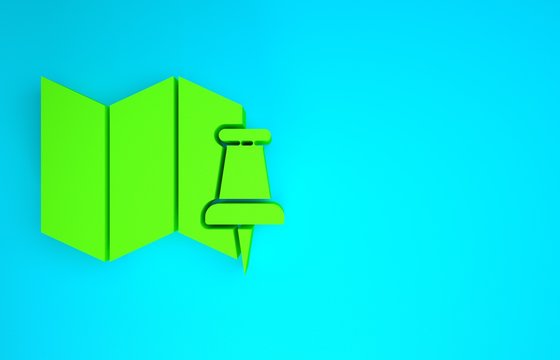 Green Folded map with push pin icon isolated on blue background. Minimalism concept. 3d illustration 3D render