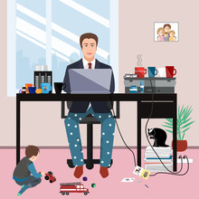 Businessman In A Suit Jacket And Pajama Bottoms Working From Home And His Little Son Playing On The Floor. Covid Or Coronavirus Quarantine Concept, Self Isolation. Vector Illustration