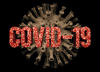 Poster - Covid-19 red glossy text and virus cell in background 3D rendered with focus depth of field