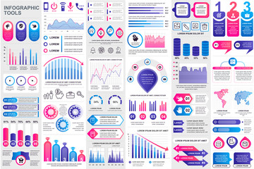 Poster - Business infographic elements set. Data visualization bundle for creative marketing presentation slides and web design. Colorful stock and flow charts, line, circle and bar graphs vector illustration.