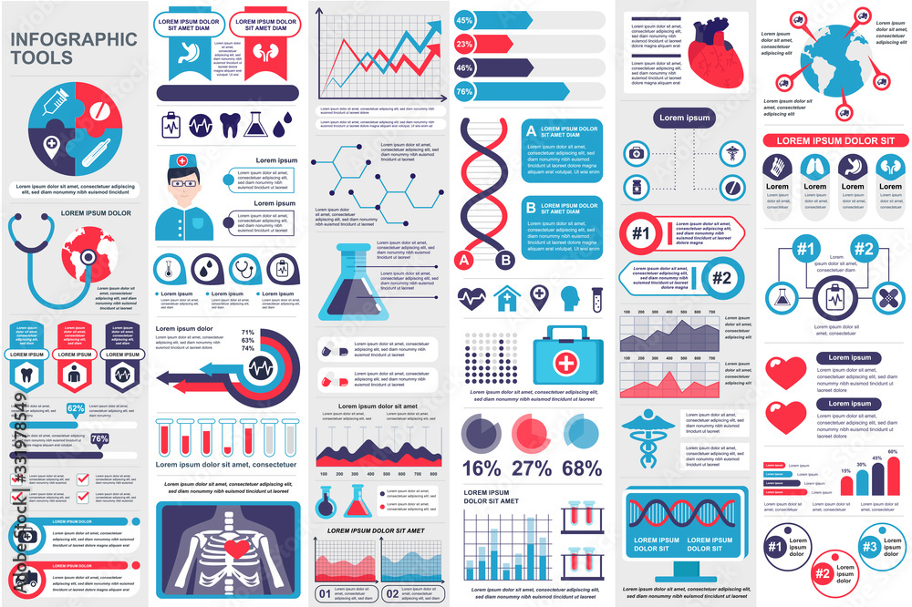 Medical infographic elements set. Healthcare, emergency and pharmacy industry analytics. Data visualization bundle with colorful diagrams and charts vector illustration. Clinical research template. - obrazy, fototapety, plakaty 