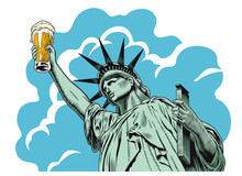 Statue Of Liberty Holding A Beer Glass. Comic Style Engraving Style Vector Illustration.