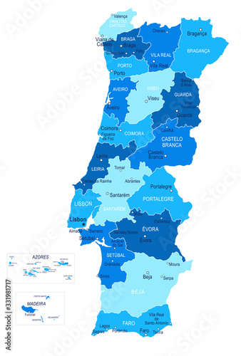 Portugal map. Cities, regions. Vector Canvas Print