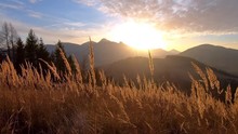 Peaceful Sunrise Over Mountains Landscape And Dry Grass