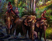 Art Painting Oil Color Elephant Family Thailand