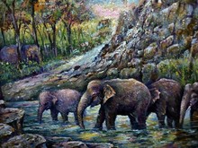 Art Painting Oil Color Elephant Family Thailand , Countryside