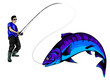 Isolated illustration of big peach fish in waves with fishing rod. Vector illustration