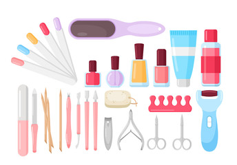 Manicure, pedicure tools and products color flat design vector illustration set