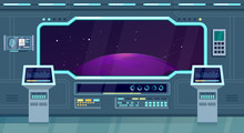 Spacecraft, Shuttle Or Ship Interior Flat Vector Illustration Game Background. Space Travel Future