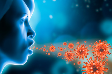 Wall Mural - Human profile head inhaling or exhailing virus. Infectious and contagious viral disease like flu or coronavirus 3d rendering illustration concept.