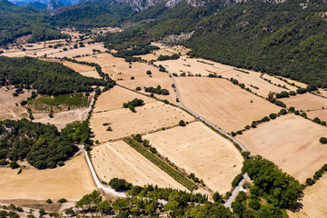 Aerial view of Orient, Urbanization d'Alaro, Sierra de Tramuntana, Mallorca, Balearic Islands, Spain