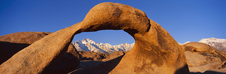 Poster - Panoramic view of Mount Whitney framed through Alabama Hills Arch in Alabama Hills near Lone Pine, California